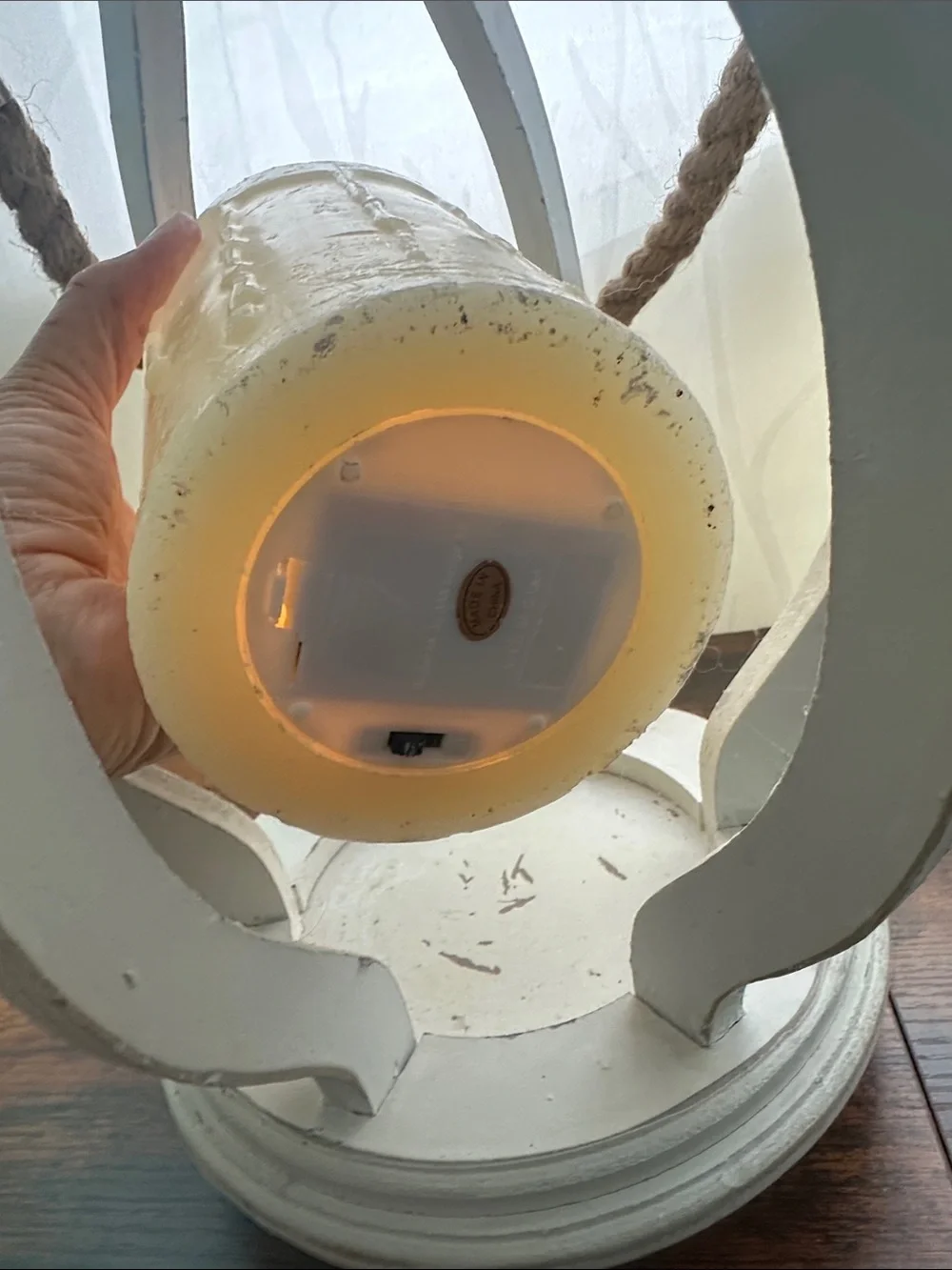 Charming Shabby Chic Distressed White Wooden Hanging Lantern with LED Candle